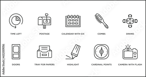 tools and utensils outline icons set. thin line icons such as calendar with six days, combs, dining, doors, tray for papers, highlight, cardinal points vector.