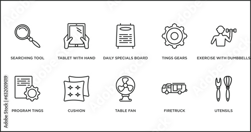tools and utensils outline icons set. thin line icons such as daily specials board, tings gears, exercise with dumbbells, program tings, cushion, table fan, firetruck vector.
