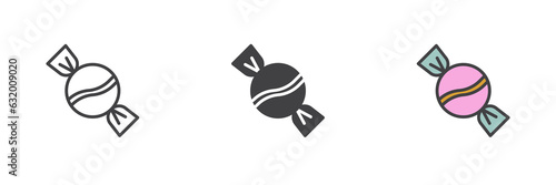 Round caramel candies in wrapper different style icon set