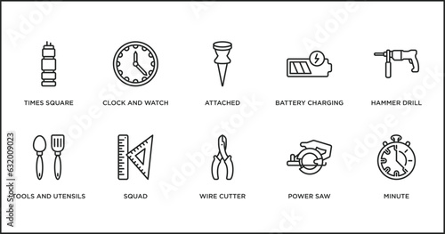 tools and utensils outline icons set. thin line icons such as attached, battery charging, hammer drill, tools and utensils, squad, wire cutter, power saw vector.