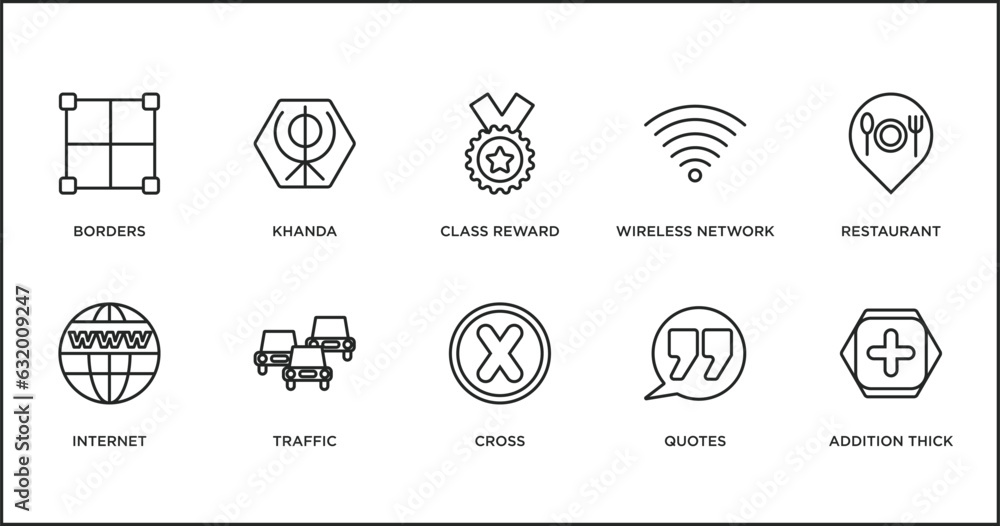 signs outline icons set. thin line icons such as class reward, wireless network, restaurant, internet, traffic, cross, quotes vector.