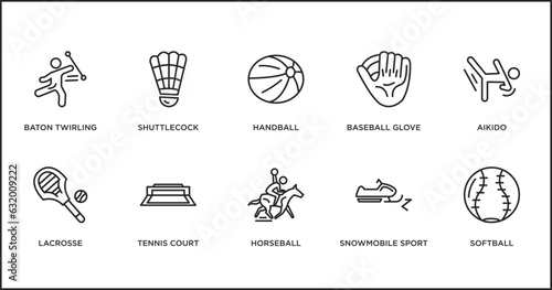 sport outline icons set. thin line icons such as handball, baseball glove, aikido, lacrosse, tennis court, horseball, snowmobile sport vector.