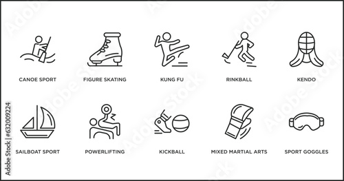 sport outline icons set. thin line icons such as kung fu, rinkball, kendo, sailboat sport, powerlifting, kickball, mixed martial arts vector.