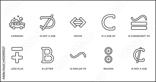 signs outline icons set. thin line icons such as maths, is a sub of, is congruent to, less plus, b letter, is similar to, reason vector.