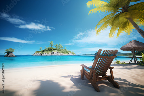 Tableau sur toile Art Tropical paradise beach with a sun-lounger facing the blue sea