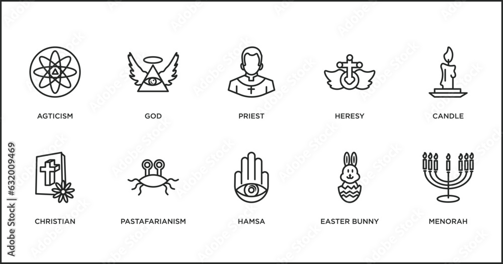 religion outline icons set. thin line icons such as priest, heresy, candle, christian, pastafarianism, hamsa, easter bunny vector.