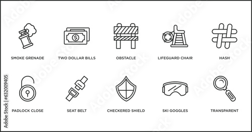 security outline icons set. thin line icons such as obstacle, lifeguard chair, hash, padlock close, seat belt, checkered shield, ski goggles vector. photo