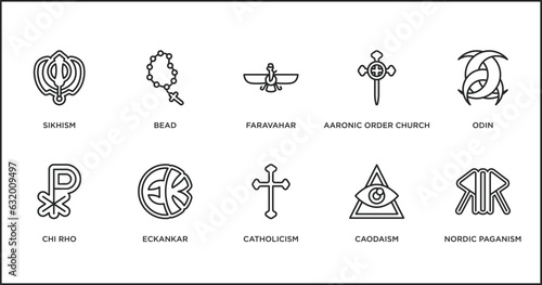 religion outline icons set. thin line icons such as faravahar, aaronic order church, odin, chi rho, eckankar, catholicism, caodaism vector.