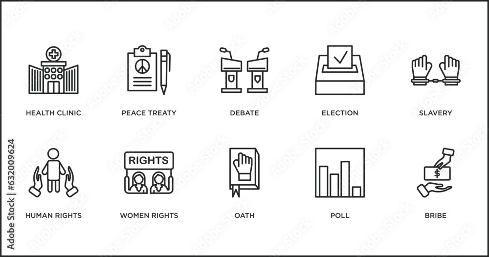 Obraz premium political outline icons set. thin line icons such as debate, election, slavery, human rights, women rights, oath, poll vector.