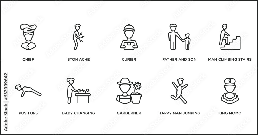 people outline icons set. thin line icons such as curier, father and son, man climbing stairs, push ups, baby changing, garderner, happy man jumping vector.