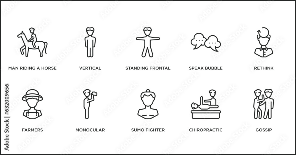 people outline icons set. thin line icons such as standing frontal man, speak bubble, rethink, farmers, monocular, sumo fighter, chiropractic vector.