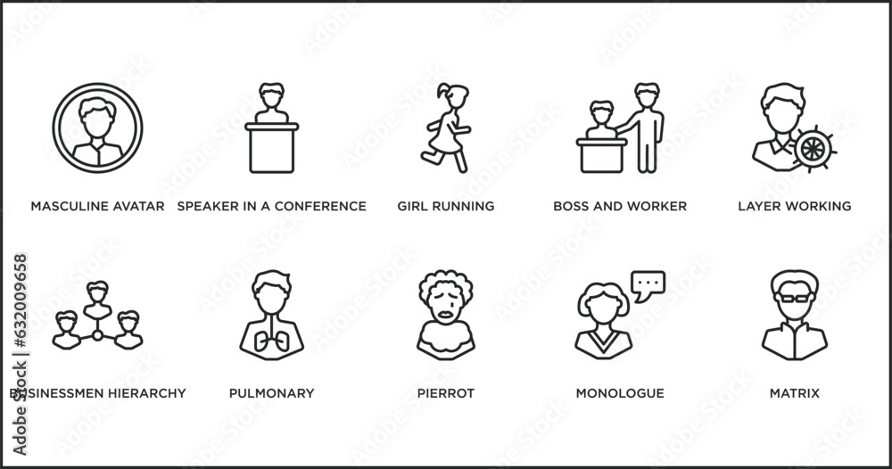 people outline icons set. thin line icons such as girl running, boss and worker, layer working, businessmen hierarchy, pulmonary, pierrot, monologue vector.