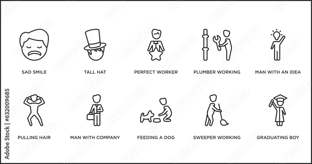 people outline icons set. thin line icons such as perfect worker, plumber working, man with an idea, pulling hair, man with company, feeding a dog, sweeper working vector. people outline icons set. thin line icons such as perfect worker, plumber working, man with an idea, pulling hair, man with company, feeding a dog, sweeper working vector.