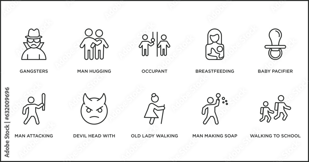 people outline icons set. thin line icons such as occupant, breastfeeding, baby pacifier, man attacking, devil head with horns, old lady walking, man making soap bubbles vector.