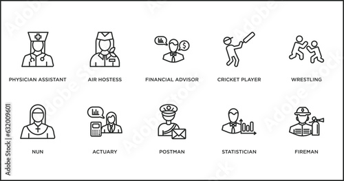 professions outline icons set. thin line icons such as financial advisor, cricket player, wrestling, nun, actuary, postman, statistician vector.