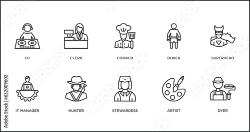 professions outline icons set. thin line icons such as cooker, boxer, superhero, it manager, hunter, stewardess, artist vector.