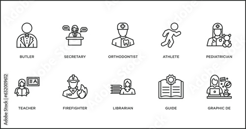 professions outline icons set. thin line icons such as orthodontist, athlete, pediatrician, teacher, firefighter, librarian, guide vector.