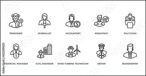 professions outline icons set. thin line icons such as accountant, podiatrist, politician, financial manager, civil engineer, wind turbine technician, driver vector.