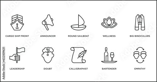 people skills outline icons set. thin line icons such as round sailboat, wellness, big binoculars, leadership, doubt, calligraphist, bartender vector.