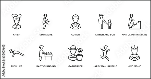people outline icons set. thin line icons such as curier, father and son, man climbing stairs, push ups, baby changing, garderner, happy man jumping vector.