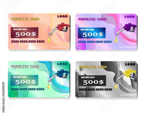 Fuel discount cards . floral refuel gift coupon, gasoline voucher on petrol fueling diesel vehicle or auto oil, privilege card template of gas station service, vector illustration of fuel discount.