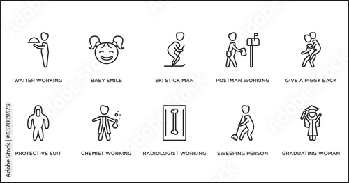 people outline icons set. thin line icons such as ski stick man, postman working, give a piggy back ride, protective suit, chemist working, radiologist working, sweeping person vector.