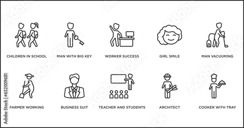 people outline icons set. thin line icons such as worker success, girl smile, man vacuuming, farmer working, business suit, teacher and students, architect vector.