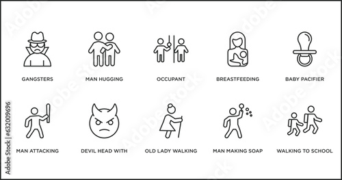 people outline icons set. thin line icons such as occupant, breastfeeding, baby pacifier, man attacking, devil head with horns, old lady walking, man making soap bubbles vector.