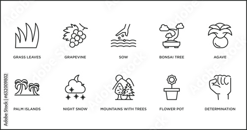 nature outline icons set. thin line icons such as sow, bonsai tree, agave, palm islands, night snow, mountains with trees, flower pot vector.