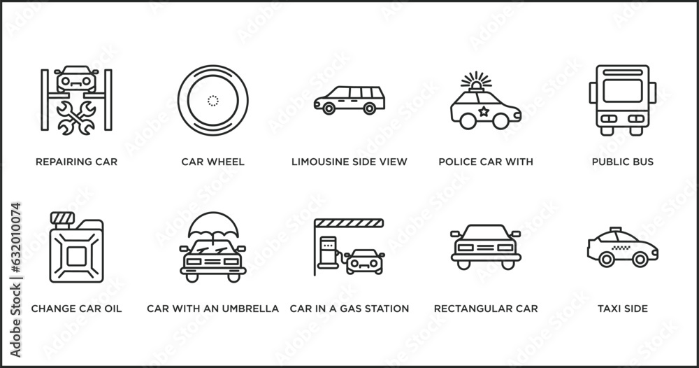 mechanicons outline icons set. thin line icons such as limousine side ...
