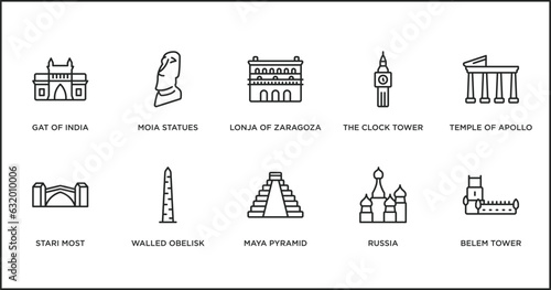 monuments outline icons set. thin line icons such as lonja of zaragoza, the clock tower, temple of apollo, stari most, walled obelisk, maya pyramid, russia vector.