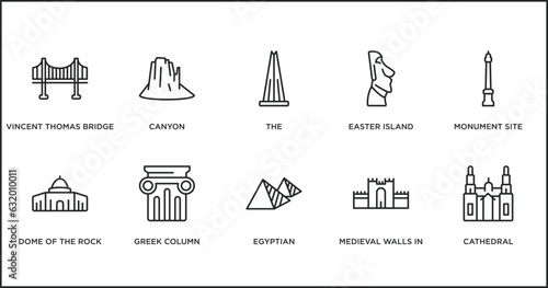 monuments outline icons set. thin line icons such as the, easter island, monument site, dome of the rock, greek column, egyptian, medieval walls in avila vector.