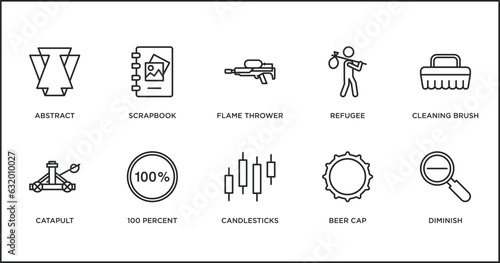 miscellaneous collection. outline icons set. thin line icons such as flame thrower, refugee, cleaning brush, catapult, 100 percent, candlesticks, beer cap vector.