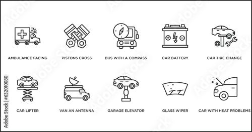 mechanicons outline icons set. thin line icons such as bus with a compass, car battery, car tire change, car lifter, van an antenna, garage elevator, glass wiper vector.