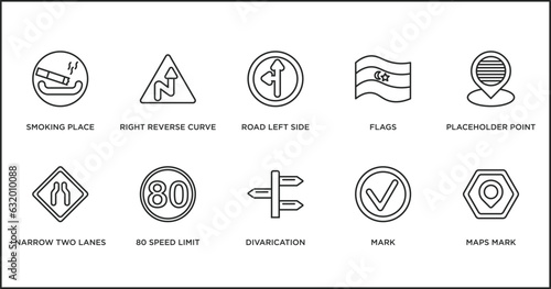 maps and flags outline icons set. thin line icons such as road left side, flags, placeholder point, narrow two lanes, 80 speed limit, divarication, mark vector.