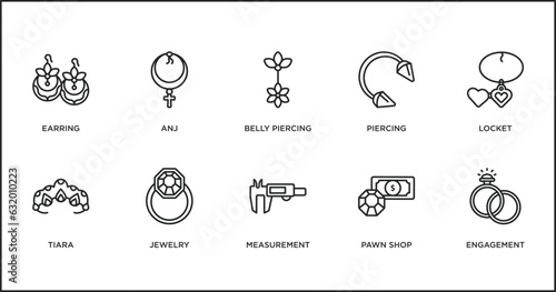 jewelry outline icons set. thin line icons such as belly piercing, piercing, locket, tiara, jewelry, measurement, pawn shop vector.