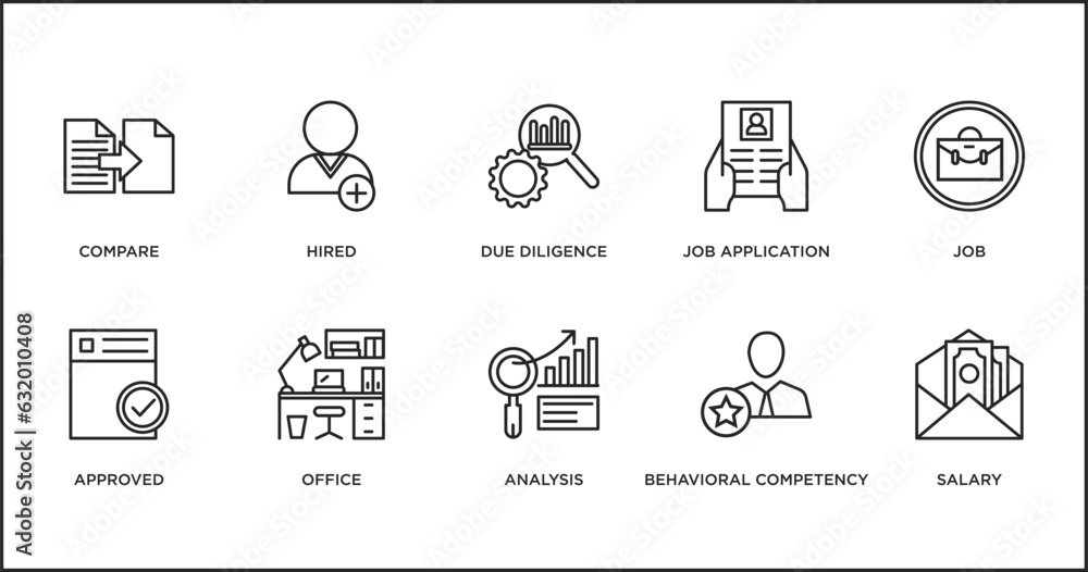 human resources outline icons set. thin line icons such as due diligence, job application, job, approved, office, analysis, behavioral competency vector. human resources outline icons set. thin line icons such as due diligence, job application, job, approved, office, analysis, behavioral competency vector.