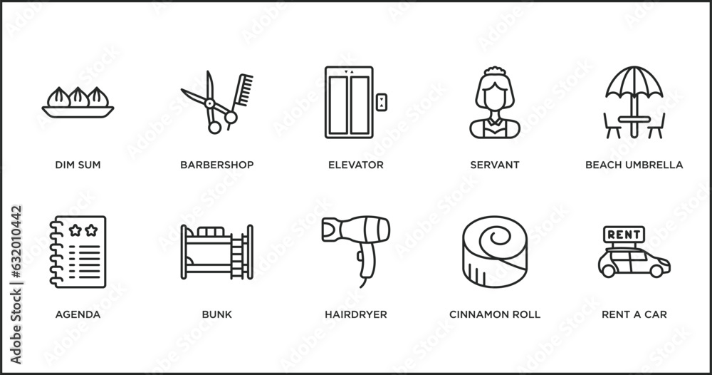 hotel and restaurant outline icons set. thin line icons such as elevator, servant, beach umbrella, agenda, bunk, hairdryer, cinnamon roll vector.