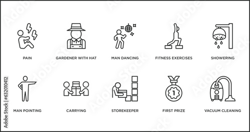 humans outline icons set. thin line icons such as man dancing, fitness exercises, showering, man pointing, carrying, storekeeper, first prize vector.