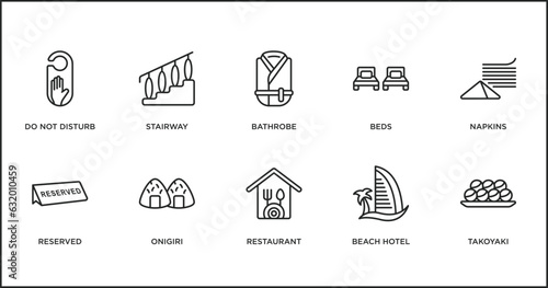 hotel and restaurant outline icons set. thin line icons such as bathrobe  beds  napkins  reserved  onigiri  restaurant  beach hotel vector.