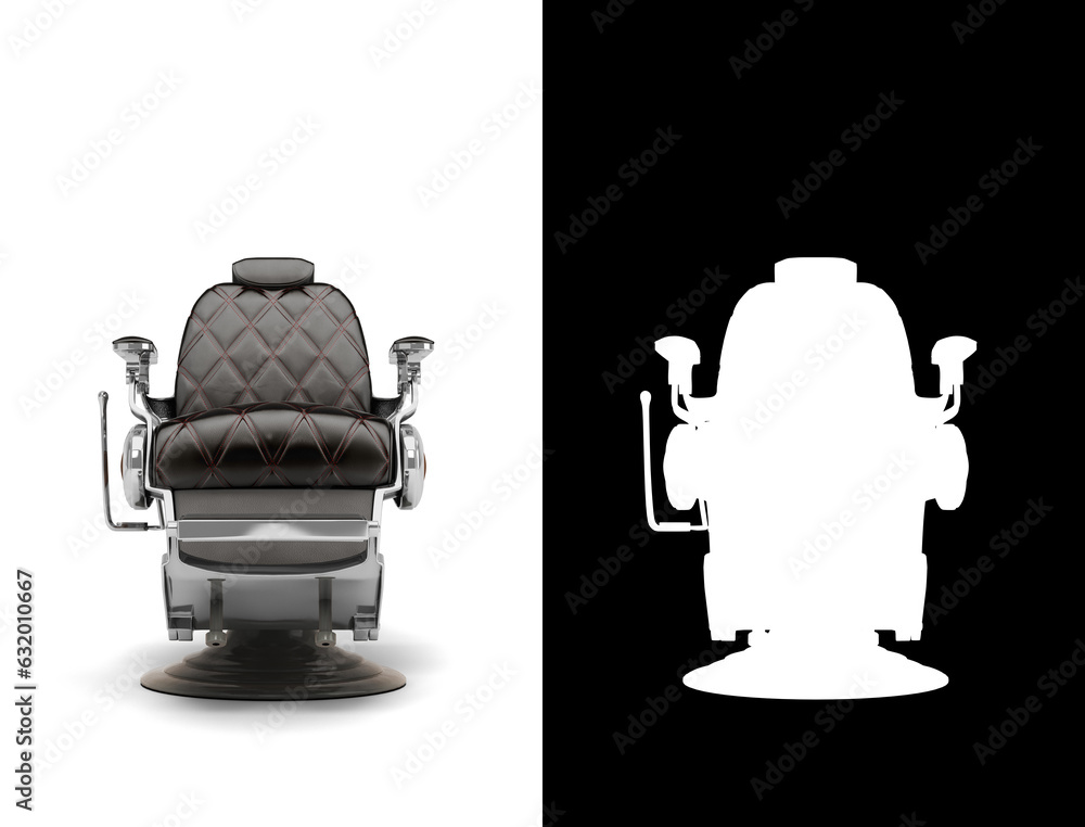 Retro black leather barber chair with chrome inserts flront view 3d render on white with alpha Retro black leather barber chair with chrome inserts flront view 3d render on white with alpha