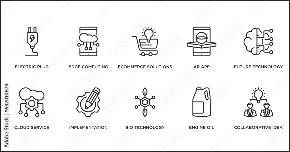 Naklejka premium general outline icons set. thin line icons such as ecommerce solutions, ar app, future technology, cloud service, implementation, bio technology, engine oil vector.