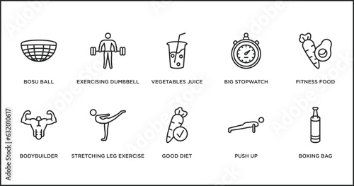 gym and fitness outline icons set. thin line icons such as vegetables juice, big stopwatch, fitness food, bodybuilder, stretching leg exercise, good diet, push up vector.