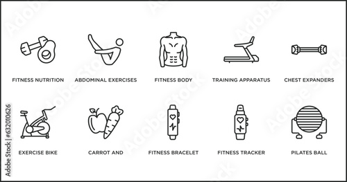 gym and fitness outline icons set. thin line icons such as fitness body, training apparatus, chest expanders, exercise bike, carrot and, fitness bracelet, tracker vector.