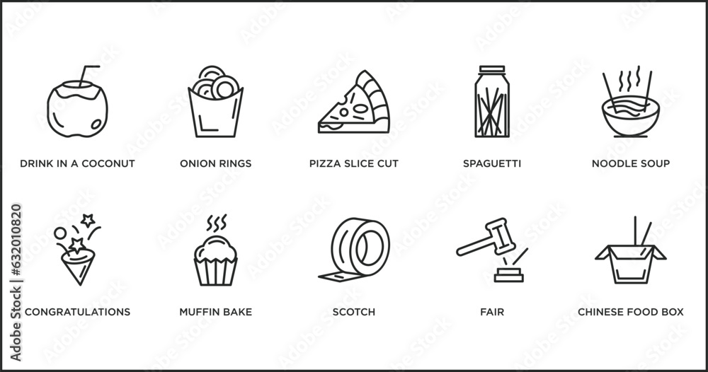 food outline icons set. thin line icons such as pizza slice cut, spaguetti, noodle soup, congratulations, muffin bake, scotch, fair vector.