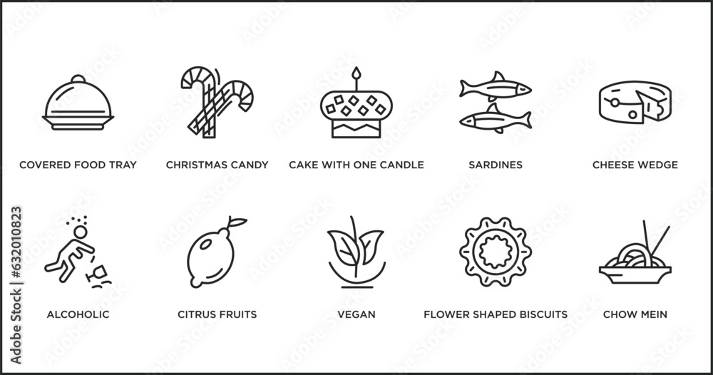 food outline icons set. thin line icons such as cake with one candle, sardines, cheese wedge, alcoholic, citrus fruits, vegan, flower shaped biscuits vector.