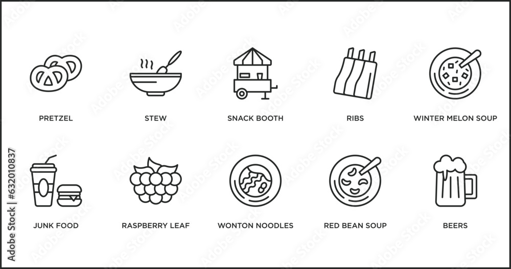 food outline icons set. thin line icons such as snack booth, ribs, winter melon soup, junk food, raspberry leaf, wonton noodles, red bean soup vector.