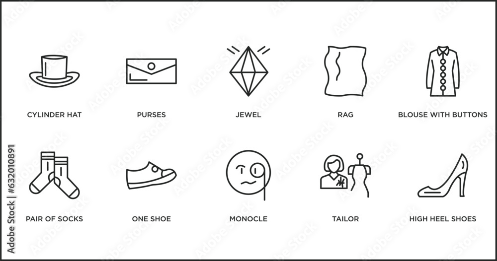 fashion outline icons set. thin line icons such as jewel, rag, blouse with buttons, pair of socks, one shoe, monocle, tailor vector. fashion outline icons set. thin line icons such as jewel, rag, blouse with buttons, pair of socks, one shoe, monocle, tailor vector.