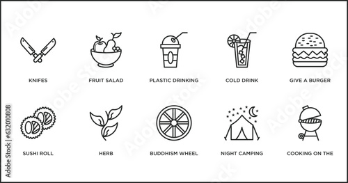 food outline icons set. thin line icons such as plastic drinking cup, cold drink, give a burger, sushi roll, herb, buddhism wheel, night camping vector.