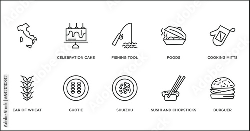 food outline icons set. thin line icons such as fishing tool, foods, cooking mitts, ear of wheat, guotie, shuizhu, sushi and chopsticks vector.